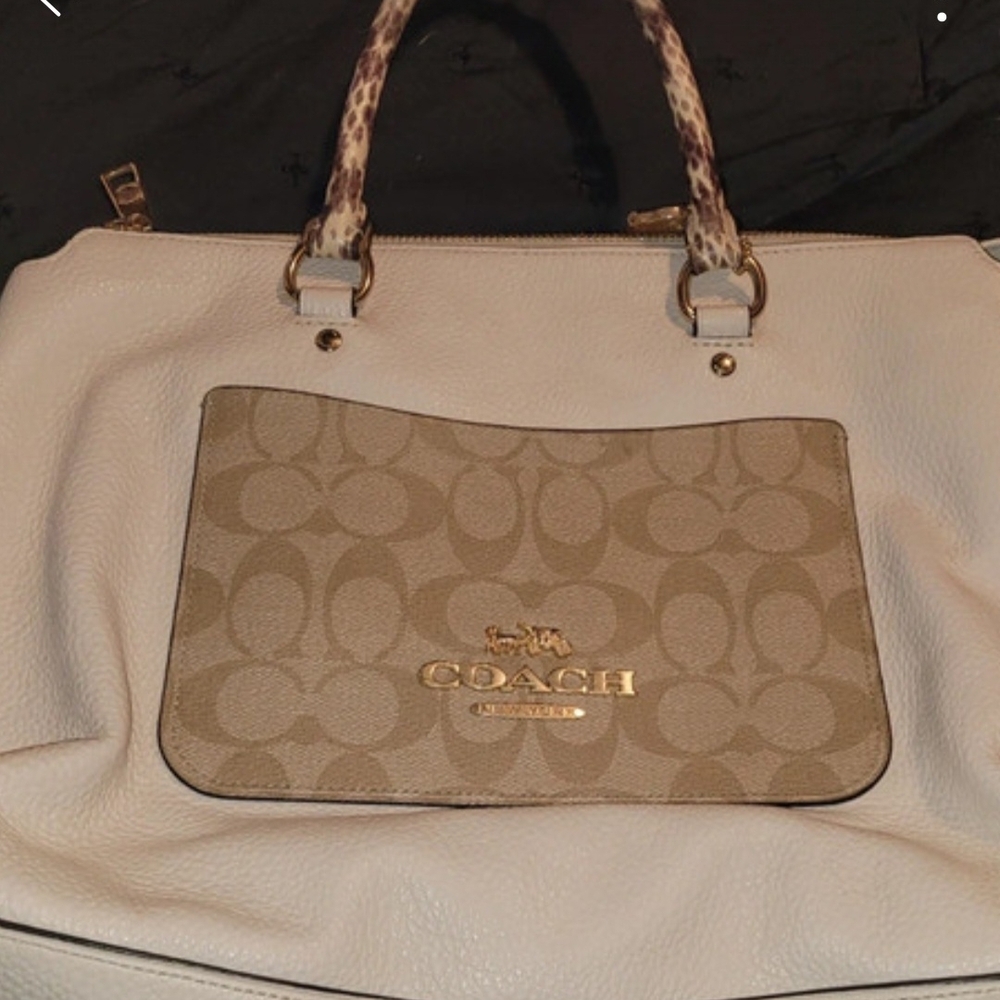 Coach Cream and Tan Signature Shoulder Bag